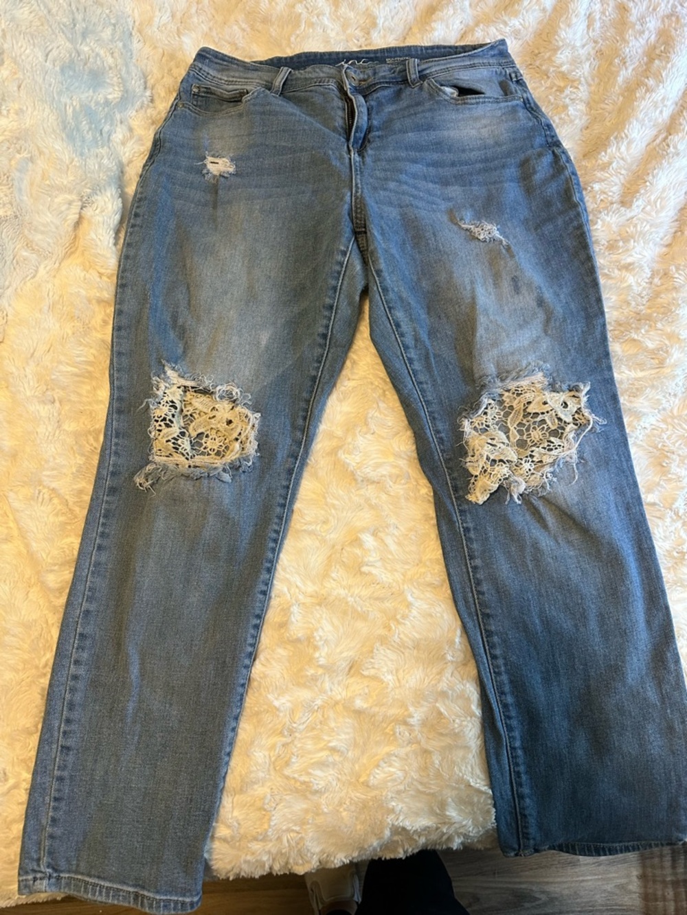 INC International Concepts Blue Straight-Leg Jeans with Lace Knee Insets
